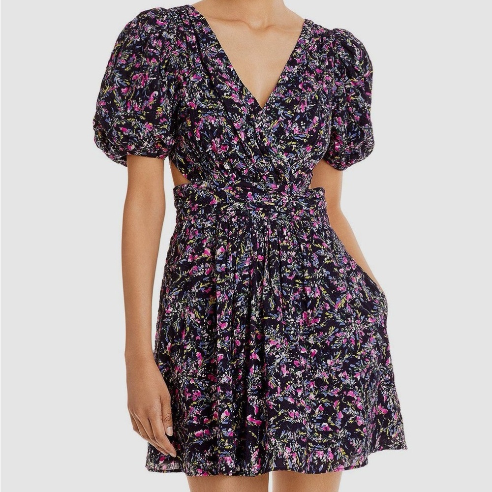 French Connection Purple and Pink Floral Cutout Dress with Puff Sleeves